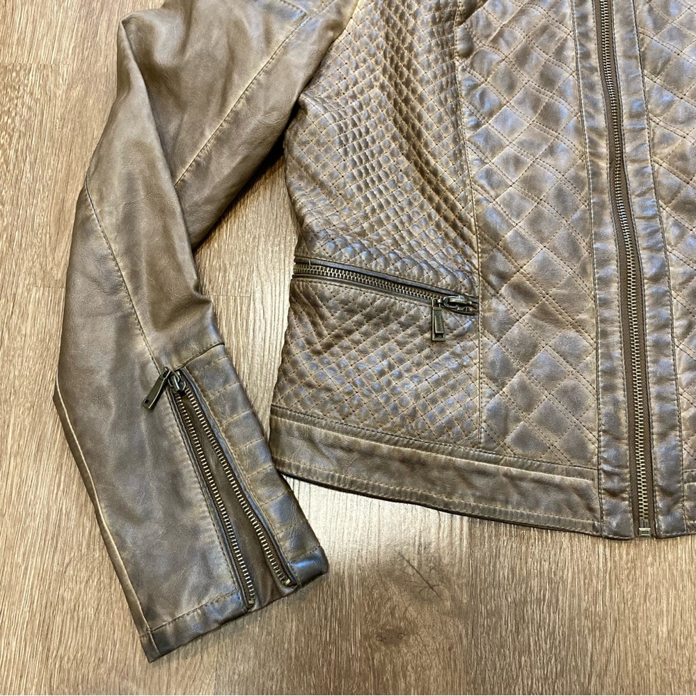 Jou Jou Women's Brown Quilted Faux Leather Moto Jacket Grunge Distressed Large - Picture 7 of 16
